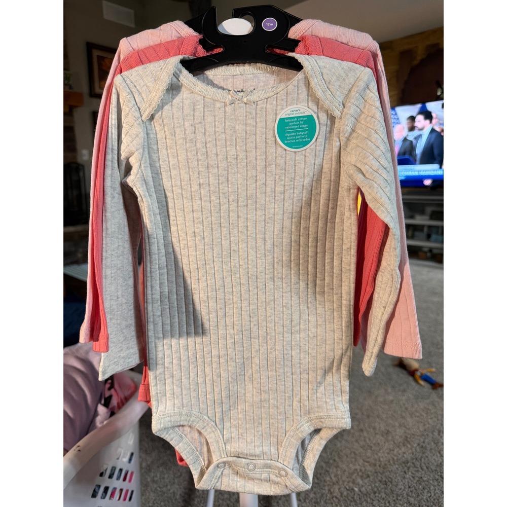 Carters Baby Girl 3 Pack Long Sleeve Ribbed Bodysuits Grey Coral Pink 12M